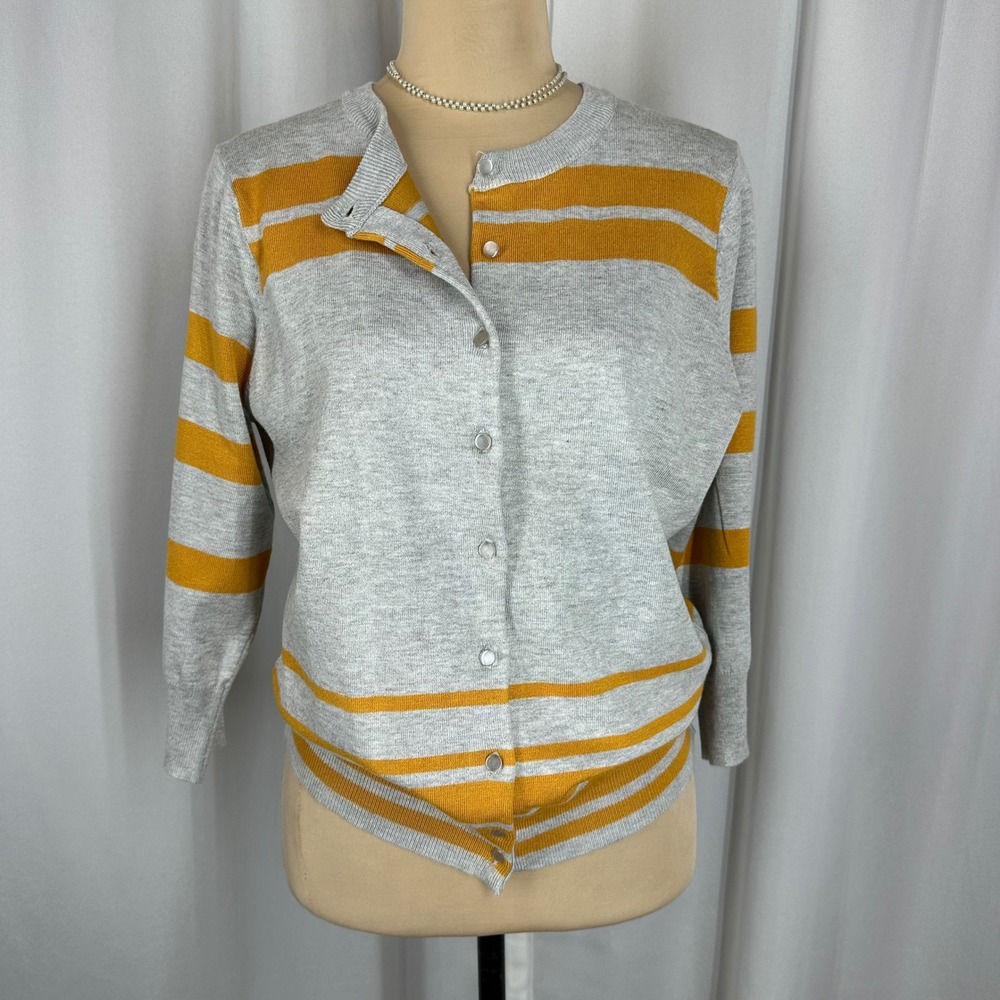 Gray Mustard Stripe Cardigan Sweater NWT Sz L Long Sleeve Button Front